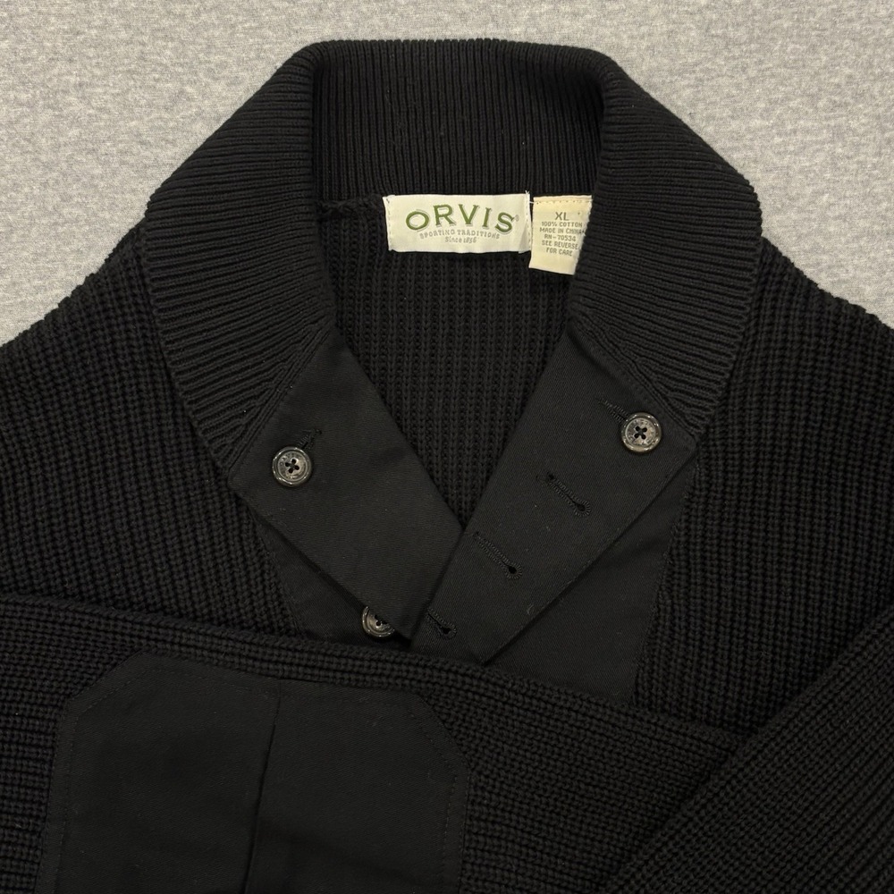 Vintage Orvis Ribbed Knit Commando Sweater Men XL Black Shawl Collar Elbow Patch